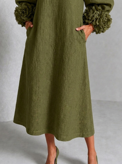 Vestido Midi Oliva con Botones de Flores y Mangas Florales Extravagantes