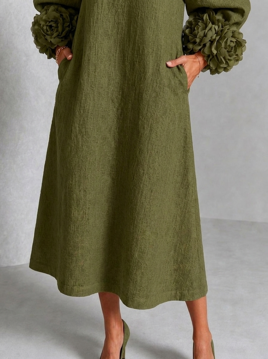 Vestido Midi Floral con Botones y Mangas Extravagantes