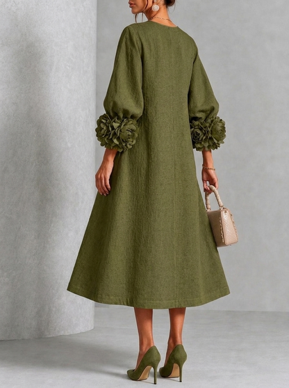 Vestido Midi Oliva con Botones de Flores y Mangas Florales Extravagantes