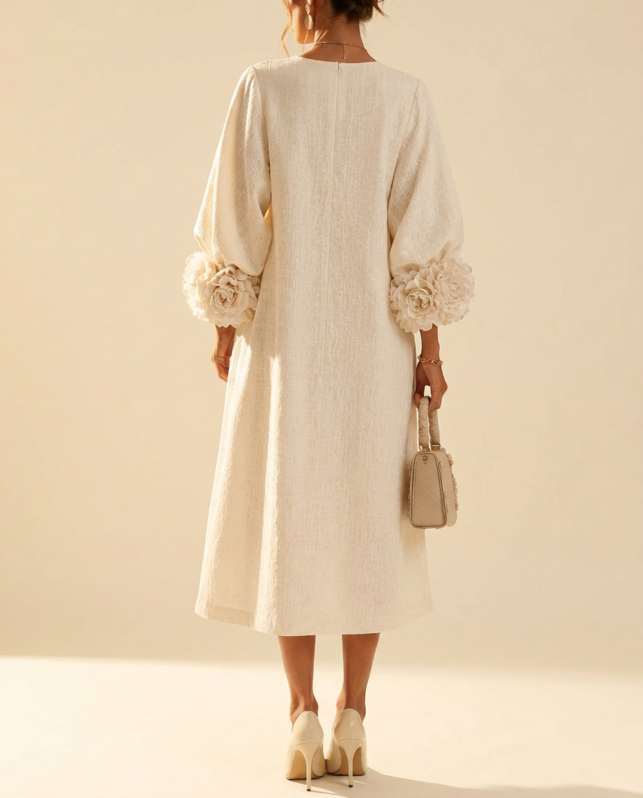 Vestido Midi Blanco con Botones de Flores y Mangas Decoradas
