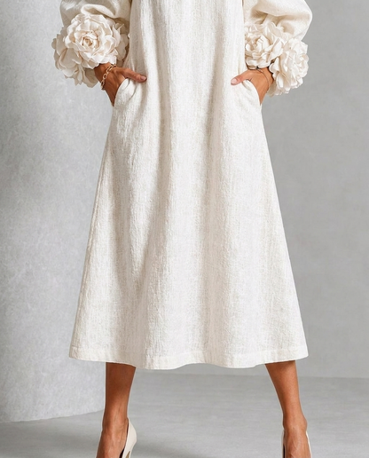 Vestido Midi Floral con Botones y Mangas Extravagantes