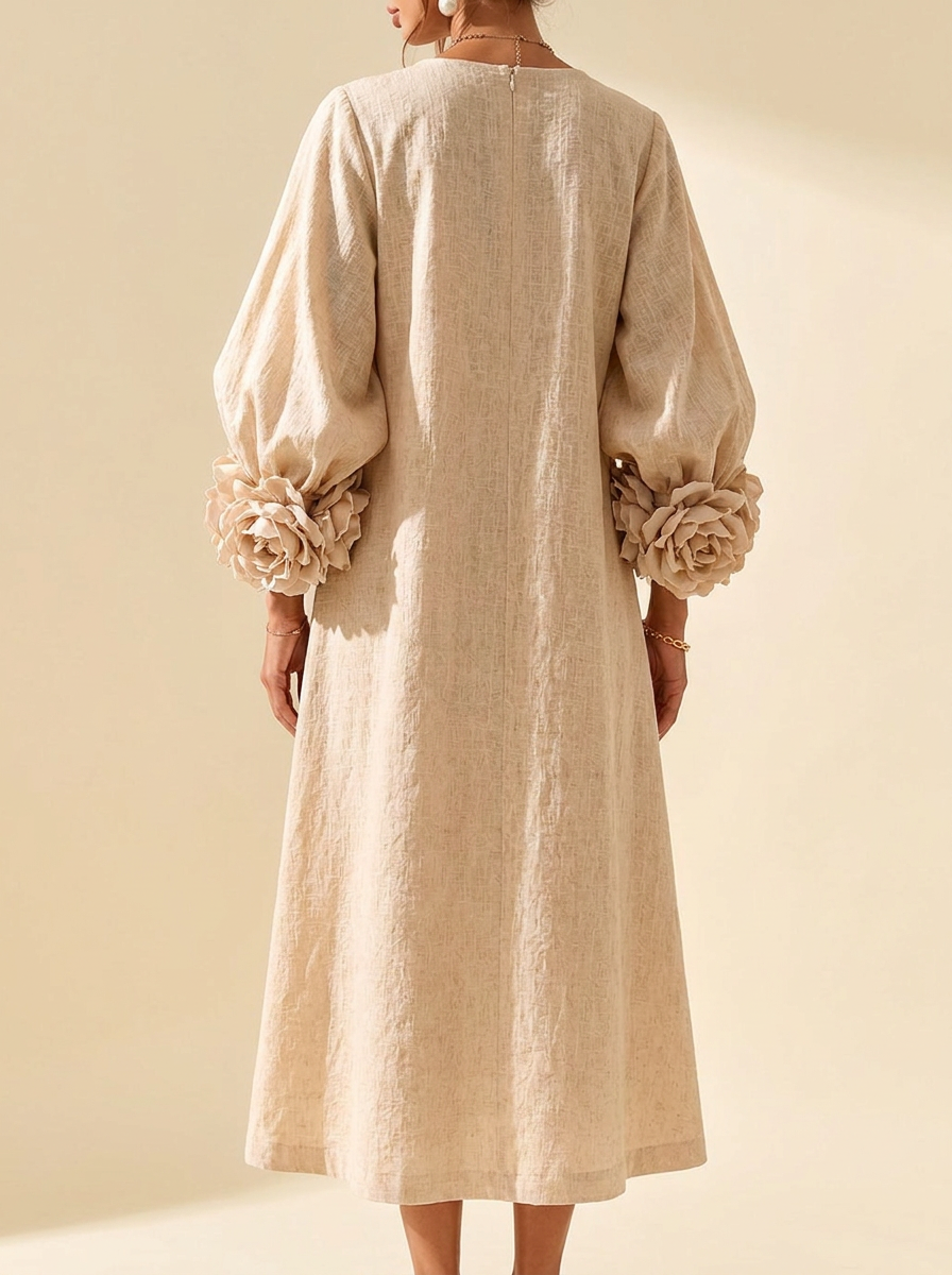 Vestido Midi Beige Floral con Botones y Mangas Florales Extravagantes