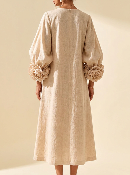 Vestido Midi Beige Floral con Botones y Mangas Florales Extravagantes