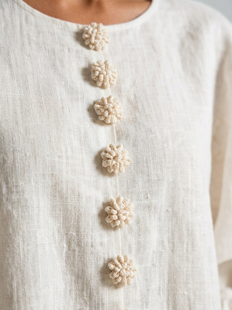 Chiara | Vestido Mini de Lino con Puños de Rosas, Blanco Marfil