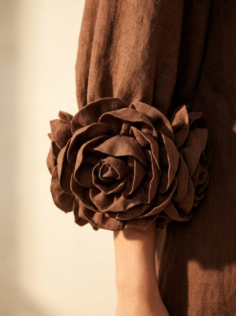 Bruna | Vestido Mini de Lino con Puños de Rosas, Marrón Chocolate