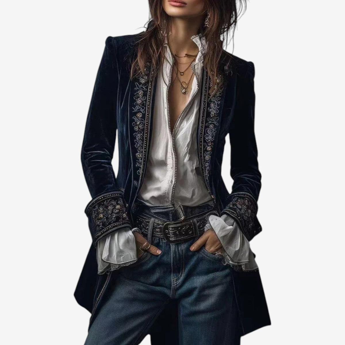 Ramousse | Blazer de Terciopelo Bordado, Azul Marino