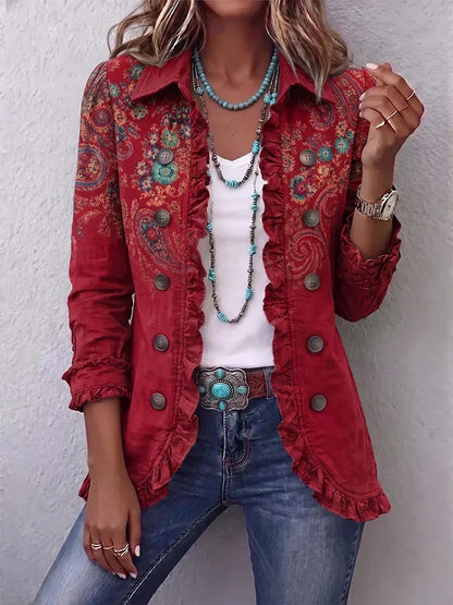 Kamberly | Chaqueta Boho Chic Bordada de Volantes, Verde Retro