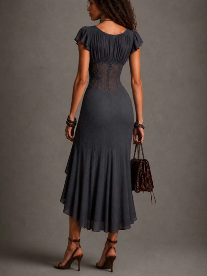Vittoria | Vestido Midi en Encaje y Chifón con Escote en V, Gris Antracita