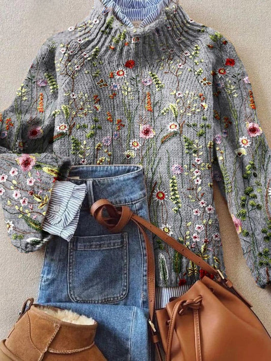Sophia | Jersey de Cuello Alto con Bordado Floral, Multicolor